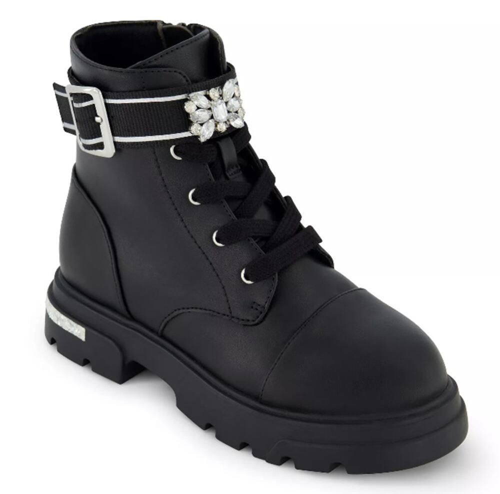 Jessica Simpson Boots Girls Size 5 Black Rosa Brooch Combat Rhinestone New